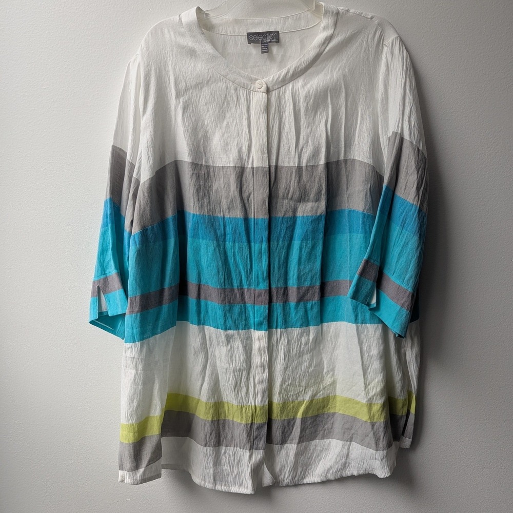 Selection by Ulla Popken Blouse White Blue Striped Band Collar Button Up 20/22